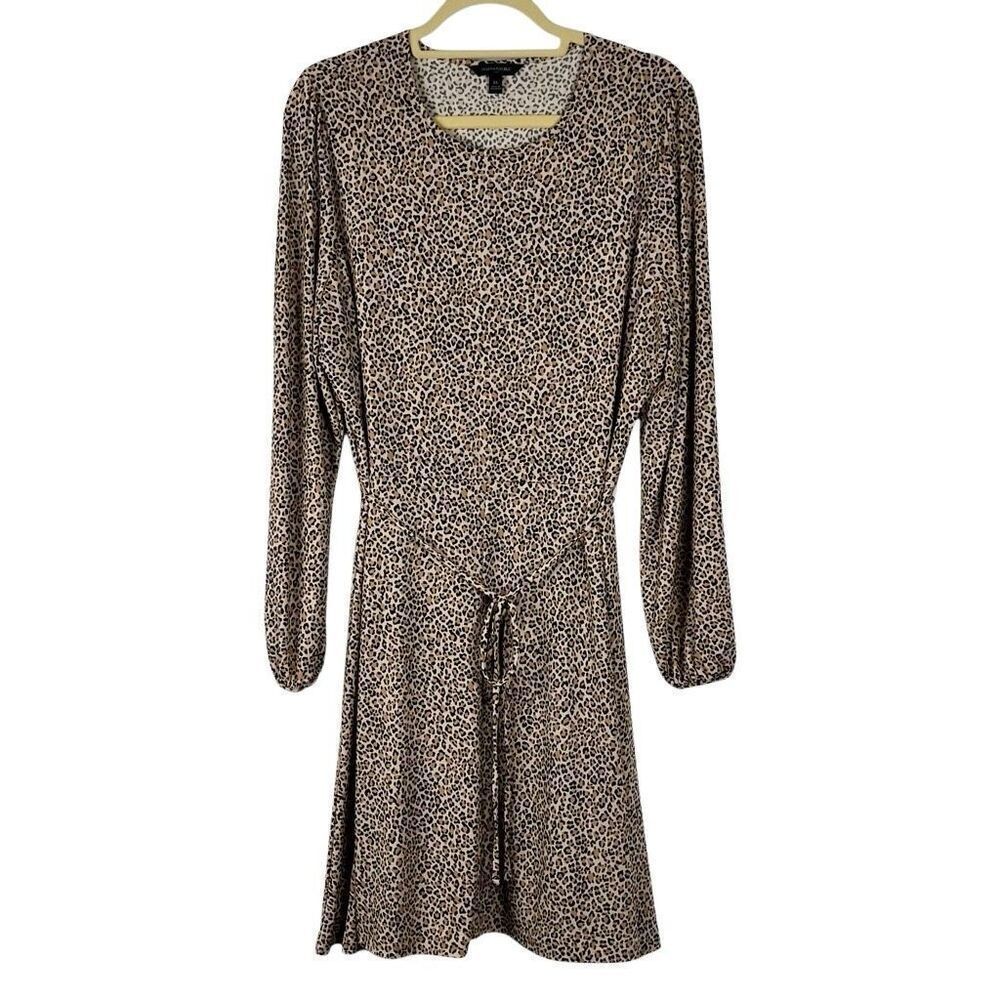 Banana Republic Animal Print Belted Fit and Flare Long Sleeve Dress XL